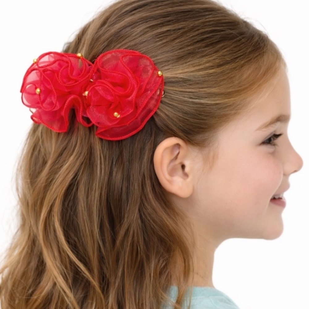 Girl’s handmade pink mesh gold beaded hair bow